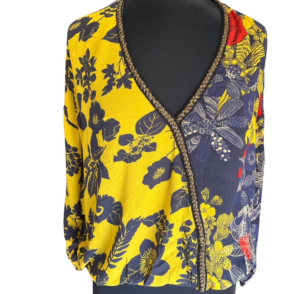 Desigual Womens Floral V-Neck Blouse Yellow Navy Blue Braided Trim Size S